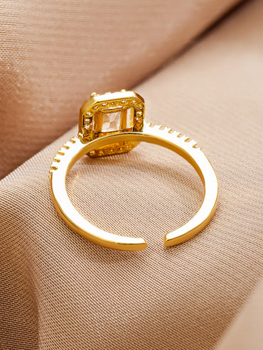Rubans 18K Gold-Plated Adjustable White Cubic Zirconia Studded Rectangular Halo Ring