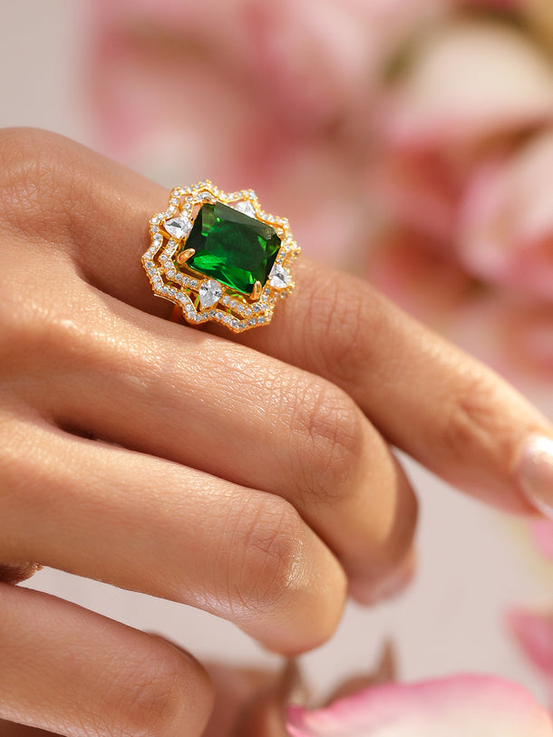 Green Studded American Diamond Zirconia Statement Ring