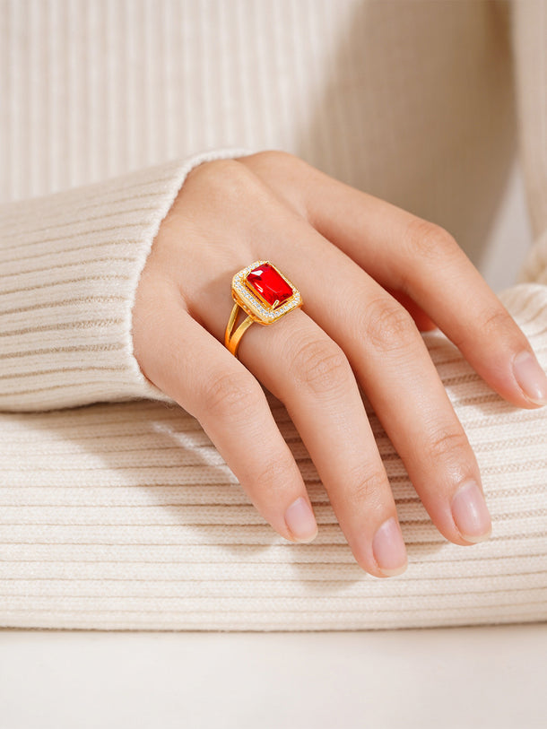 18K Gold Plated Ruby Crystal Halo Adjustable Ring | Anti Tarnish