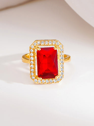 18K Gold Plated Ruby Crystal Halo Adjustable Ring | Anti Tarnish