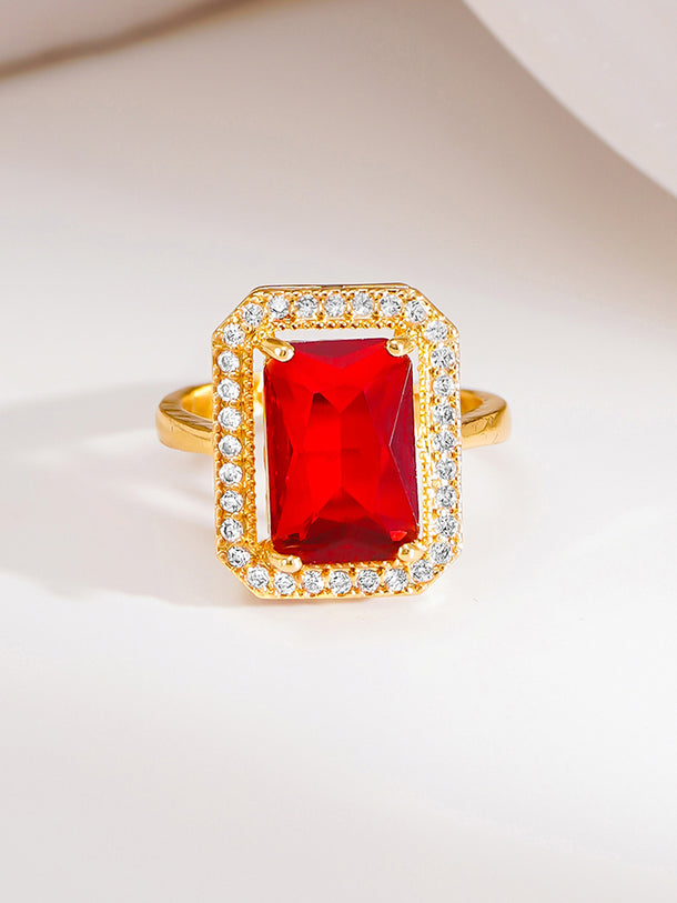 18K Gold Plated Ruby Crystal Halo Adjustable Ring | Anti Tarnish