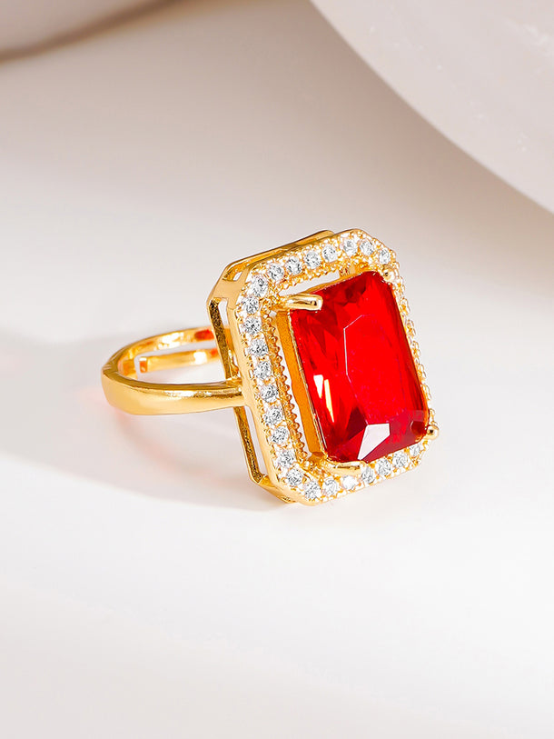 18K Gold Plated Ruby Crystal Halo Adjustable Ring | Anti Tarnish