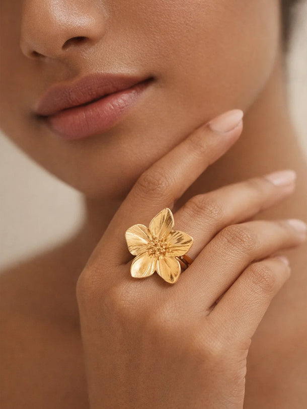 Demi Fine 18K Gold Plated Petal Floral Motif Adjustable Ring | Anti Tarnish