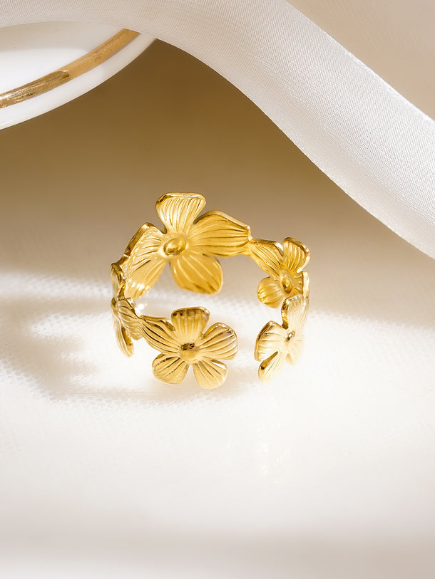 Demifine 18K Gold Plated Stainless Steel Mini Floral Charm Open Ring