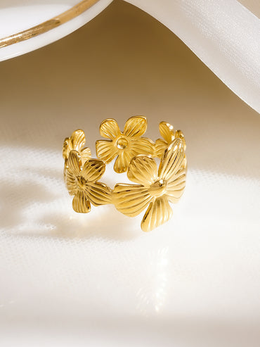 Demifine 18K Gold Plated Stainless Steel Mini Floral Charm Open Ring