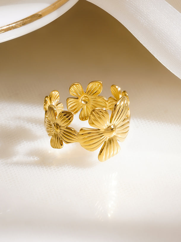 Demifine 18K Gold Plated Stainless Steel Mini Floral Charm Open Ring