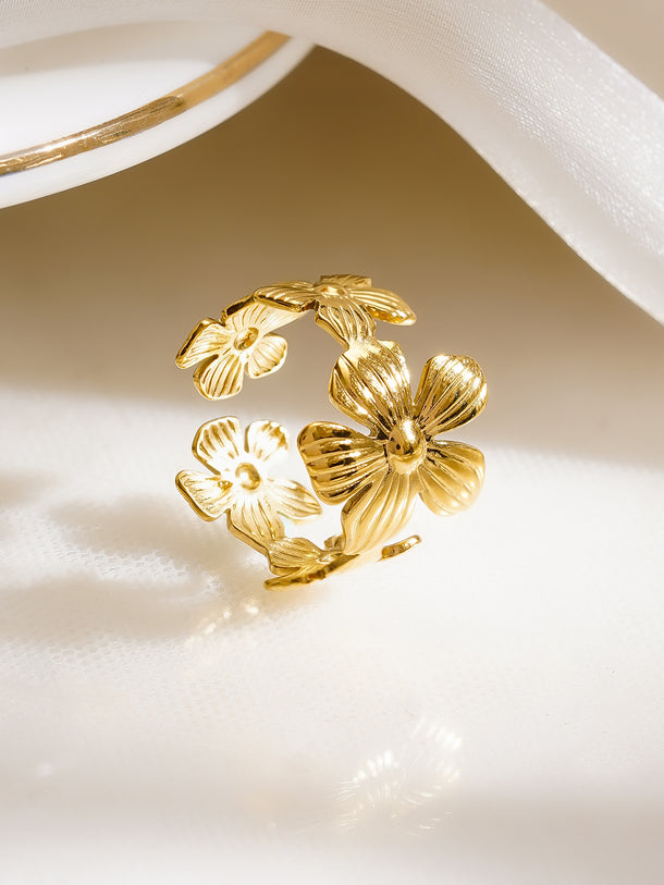 Demifine 18K Gold Plated Stainless Steel Mini Floral Charm Open Ring
