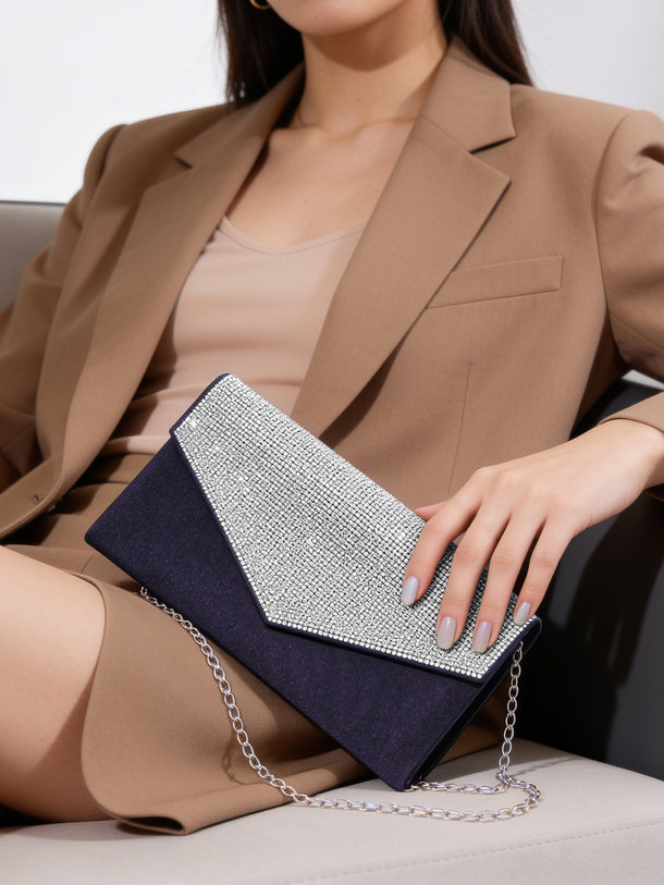 Black Crystal Embellished Envelope Clutch Handbag