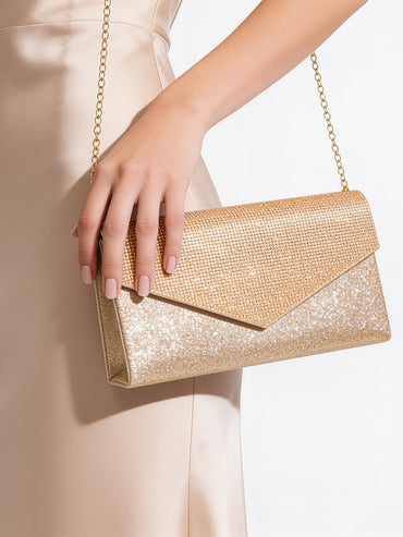 Gold Crystal Embellished Envelope Clutch Handbag