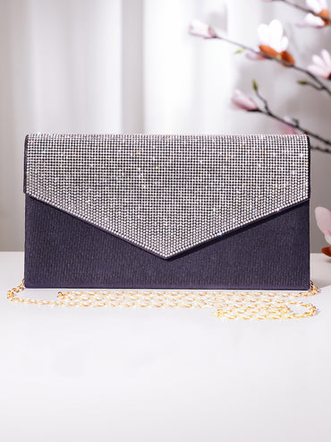 Black Crystal Embellished Envelope Clutch Handbag
