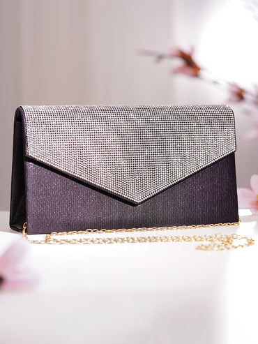Black Crystal Embellished Envelope Clutch Handbag