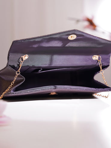 Black Crystal Embellished Envelope Clutch Handbag