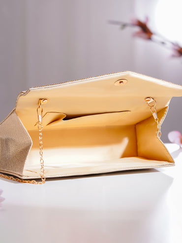 Gold Crystal Embellished Envelope Clutch Handbag