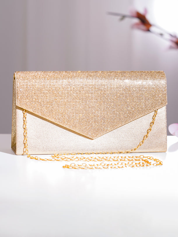 Gold Crystal Embellished Envelope Clutch Handbag