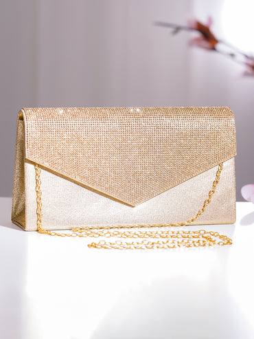 Gold Crystal Embellished Envelope Clutch Handbag