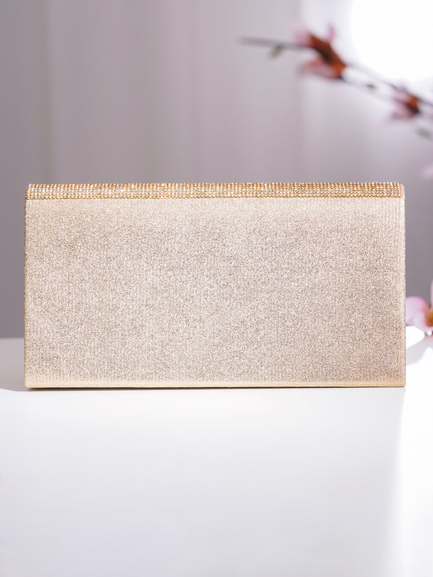 Gold Crystal Embellished Envelope Clutch Handbag