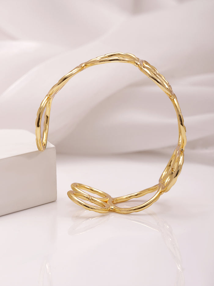 18KT Gold Plated Floral  Brass Bangle Style Bracelet - Gold