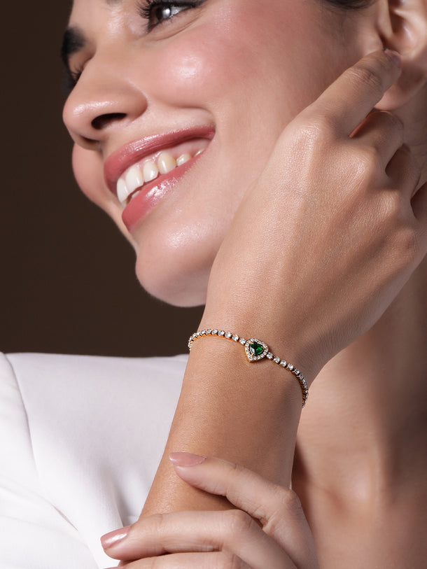 18K Gold-Plated Stainless Steel Tarnish-Free Waterproof Emerald & CZ Heart Bracelet
