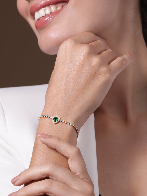 18K Gold-Plated Stainless Steel Tarnish-Free Waterproof Emerald & CZ Heart Bracelet