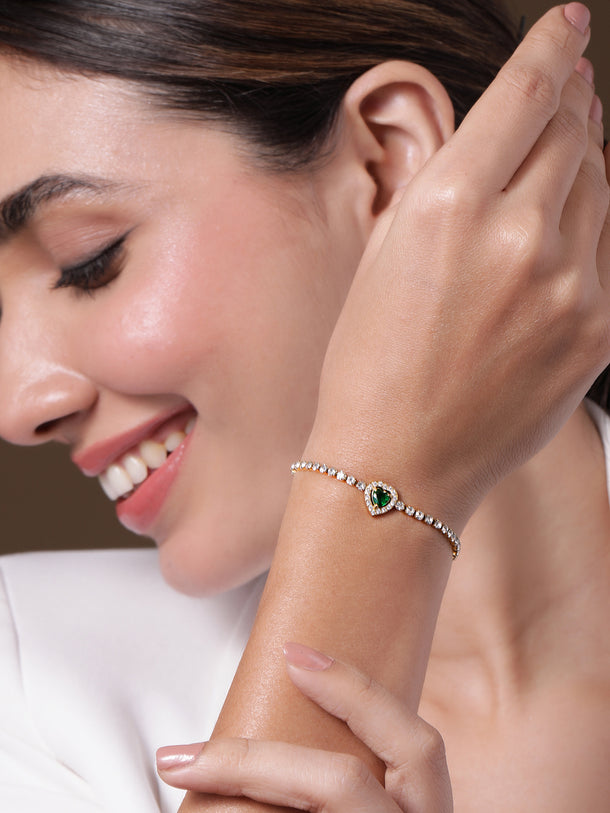 18K Gold-Plated Stainless Steel Tarnish-Free Waterproof Emerald & CZ Heart Bracelet