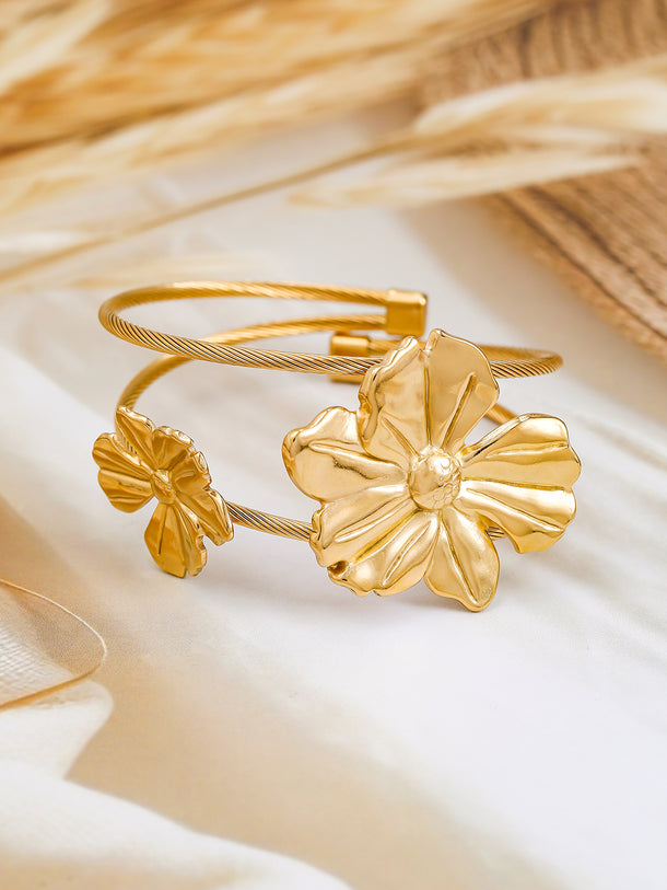 Gold Toned Cuff Bracelet With Floral Motif