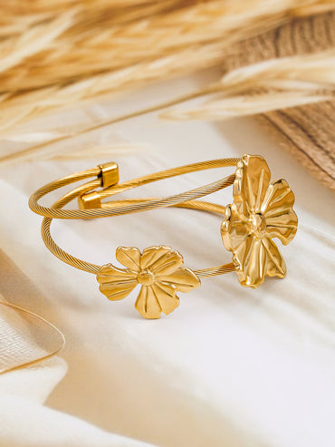 Gold Toned Cuff Bracelet With Floral Motif