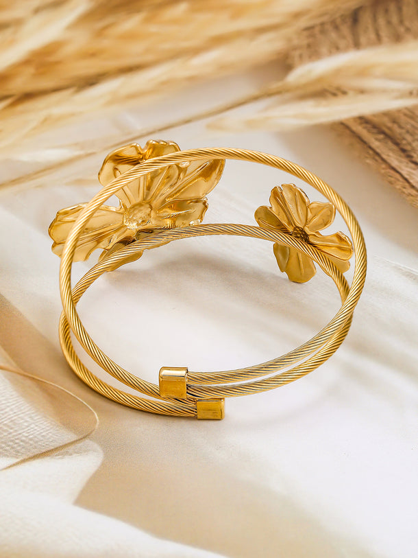 Gold Toned Cuff Bracelet With Floral Motif