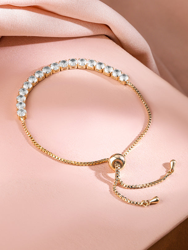 Rubans 18K Gold-Plated Adjustable Pull Chain Cubic Zirconia Studded Bracelet