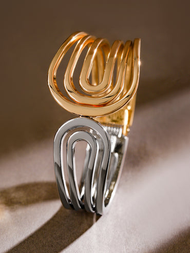 Rubans 18K Gold & Rhodium Plated Dual Tone Sculptural Bold Statement Open Cuff Bracelet