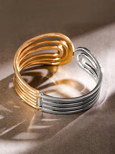 Rubans 18K Gold & Rhodium Plated Dual Tone Sculptural Bold Statement Open Cuff Bracelet