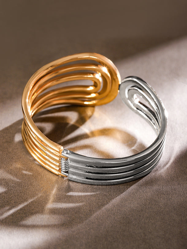 Rubans 18K Gold & Rhodium Plated Dual Tone Sculptural Bold Statement Open Cuff Bracelet