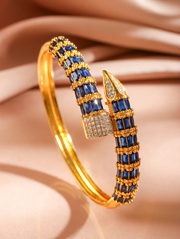 Rubans 22K Gold-Plated Blue Baguette-Cut White Cubic Zirconia Serpent Bracelet Openable