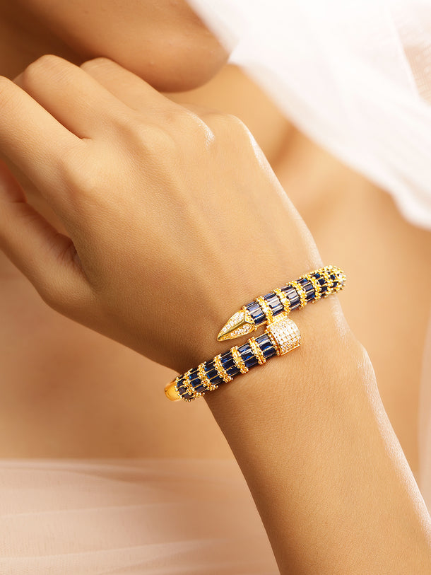 Rubans 22K Gold-Plated Blue Baguette-Cut White Cubic Zirconia Serpent Bracelet Openable