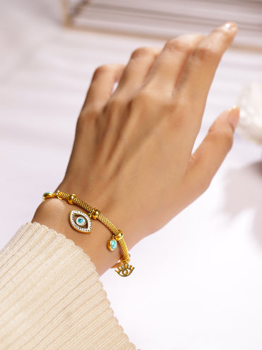 Rubans 18K Gold-Plated Stainless Steel TarnishFree Waterproof Evil Eye Charm Mesh Bracelet