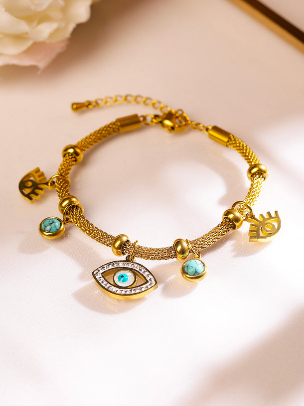 Rubans 18K Gold-Plated Stainless Steel TarnishFree Waterproof Evil Eye Charm Mesh Bracelet