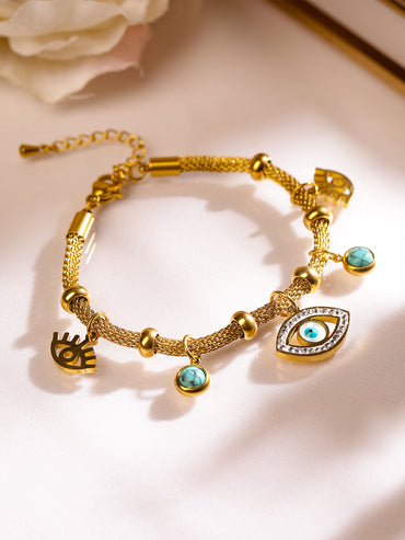 Rubans 18K Gold-Plated Stainless Steel TarnishFree Waterproof Evil Eye Charm Mesh Bracelet