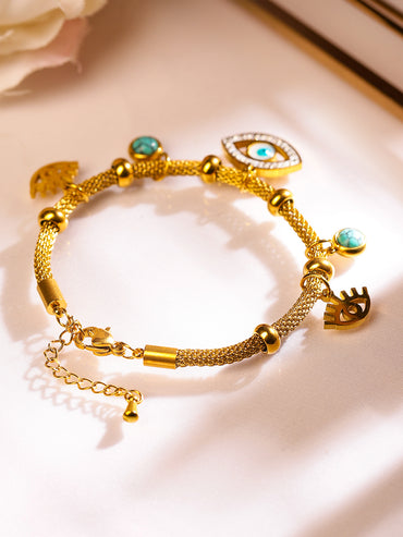 Rubans 18K Gold-Plated Stainless Steel TarnishFree Waterproof Evil Eye Charm Mesh Bracelet