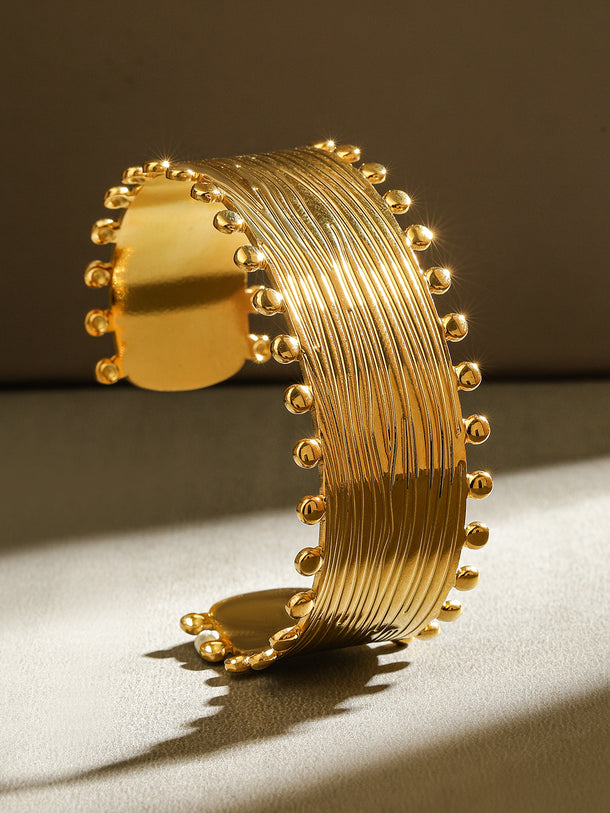 Rubans 18K Gold-Plated Stainless Steel Tarnish-Free Waterproof Textured Beaded Cuff Bracelet