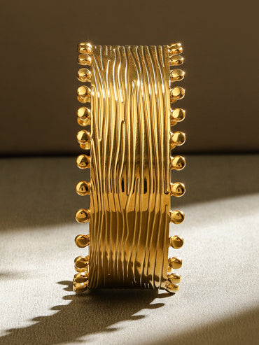Rubans 18K Gold-Plated Stainless Steel Tarnish-Free Waterproof Textured Beaded Cuff Bracelet