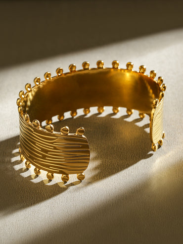 Rubans 18K Gold-Plated Stainless Steel Tarnish-Free Waterproof Textured Beaded Cuff Bracelet