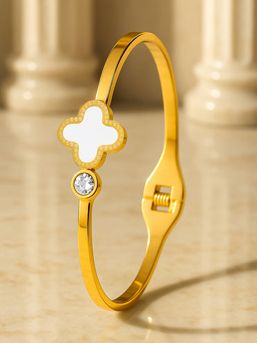 Rubans Voguish 18K Gold-Plated White Enamel Clover Motif Stainless Steel Tarnish Free Waterproof Bracelet