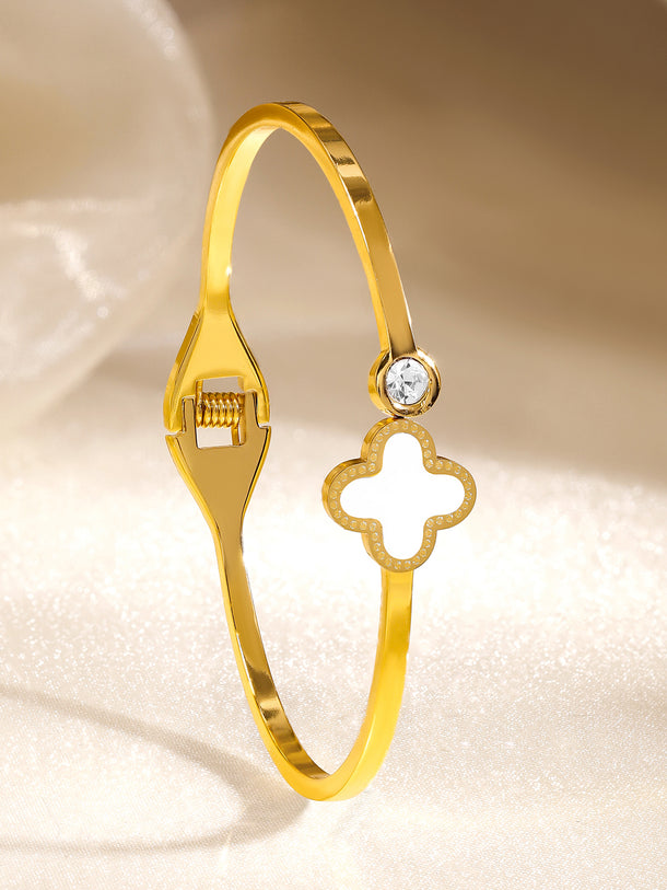 Rubans Voguish 18K Gold-Plated White Enamel Clover Motif Stainless Steel Tarnish Free Waterproof Bracelet