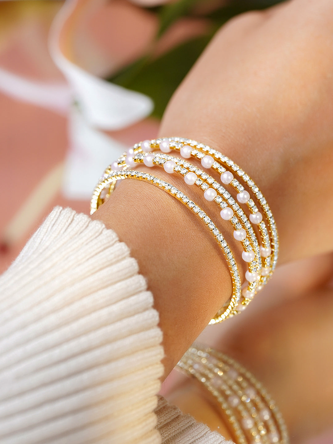 Rubans Women Brass Cubic Zirconia Handcrafted Gold-Plated Multistrand Bracelet