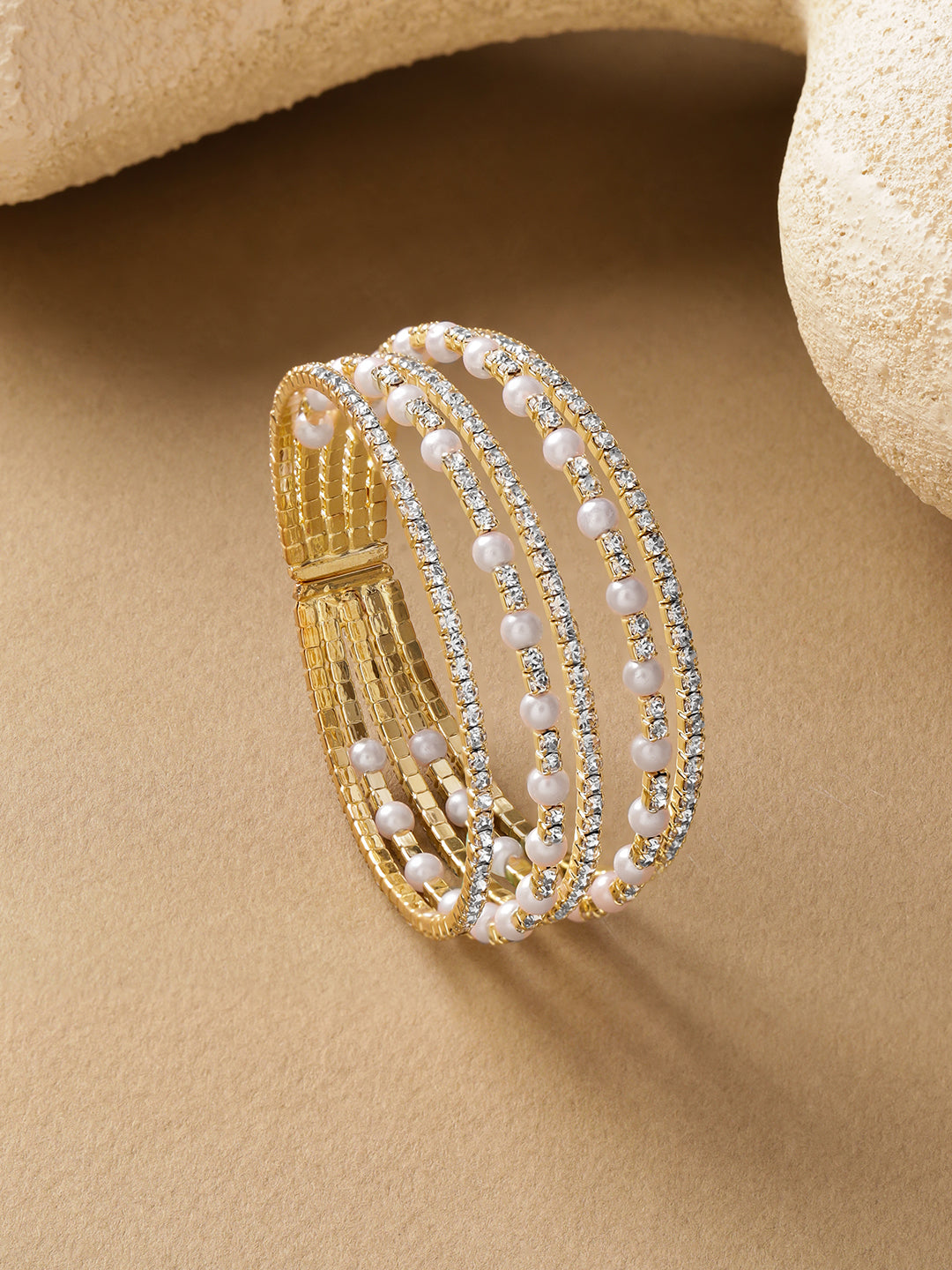 Rubans Women Brass Cubic Zirconia Handcrafted Gold-Plated Multistrand Bracelet