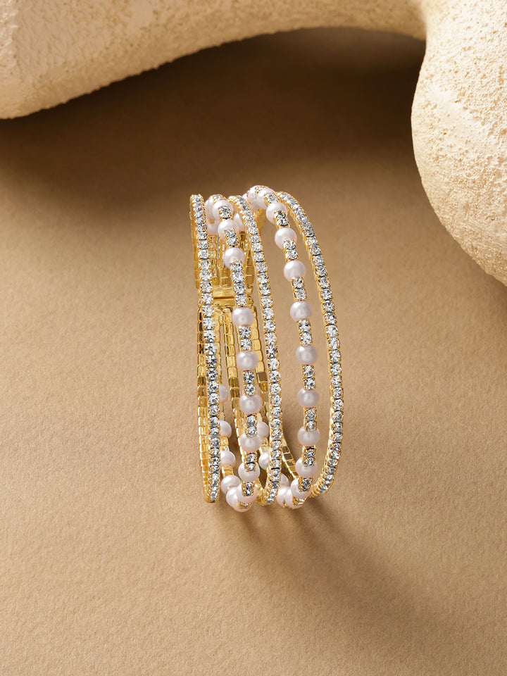 Rubans Women Brass Cubic Zirconia Handcrafted Gold-Plated Multistrand Bracelet