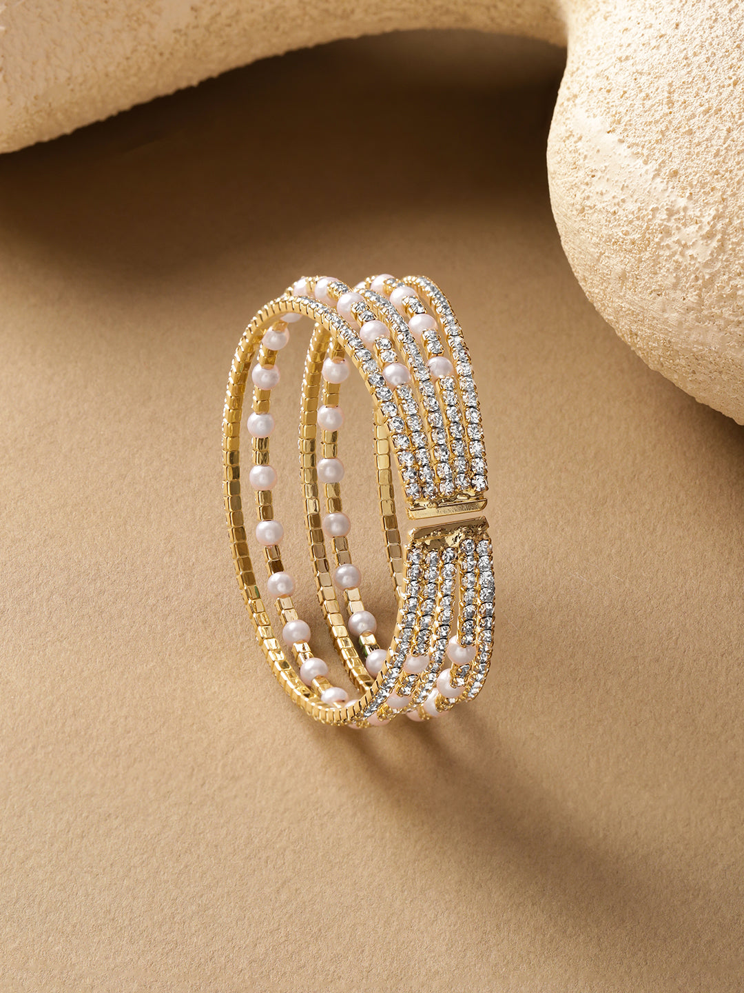 Rubans Women Brass Cubic Zirconia Handcrafted Gold-Plated Multistrand Bracelet