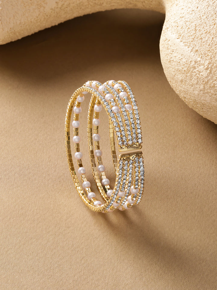 Rubans Women Brass Cubic Zirconia Handcrafted Gold-Plated Multistrand Bracelet