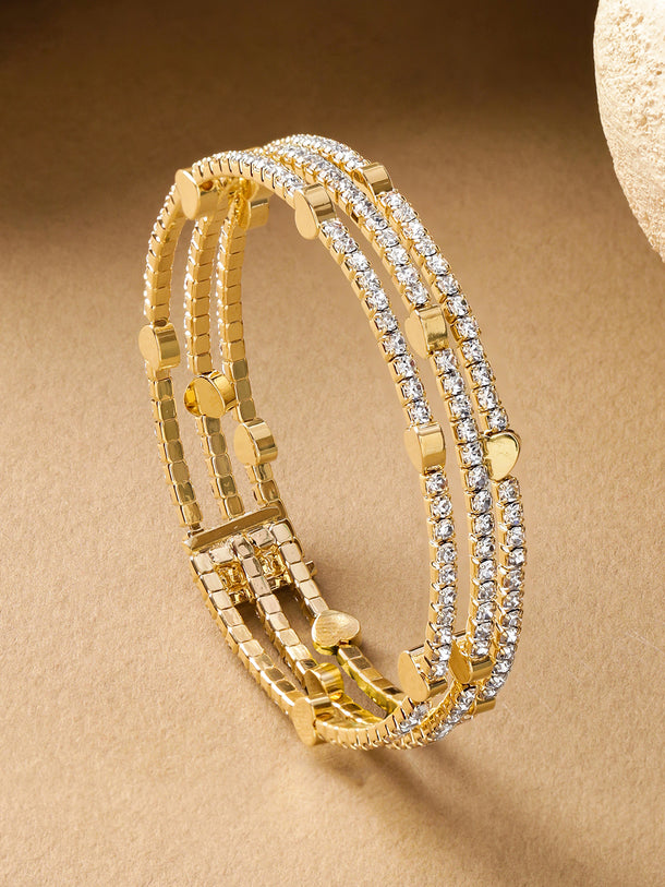 Rubans 18K Gold Plated Brass Bracelet with Heart Motifs & Cubic Zirconia Stones