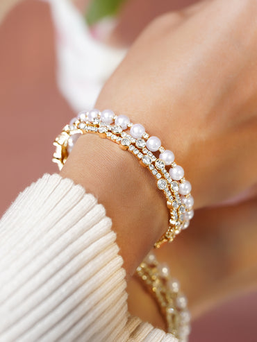 White Studded Pearl Embellished Golden Bracelet