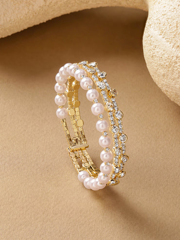 White Studded Pearl Embellished Golden Bracelet